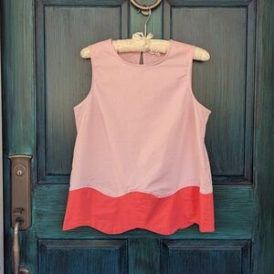 Crown & Ivy Scallop Trim Pink Color Block Cotton Top | Small